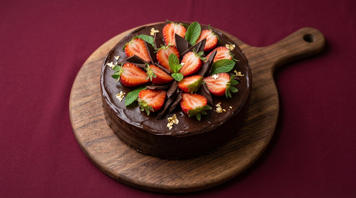 Chocolate ganache cake topped with strawberries, chocolate shards, mint and gold leaf